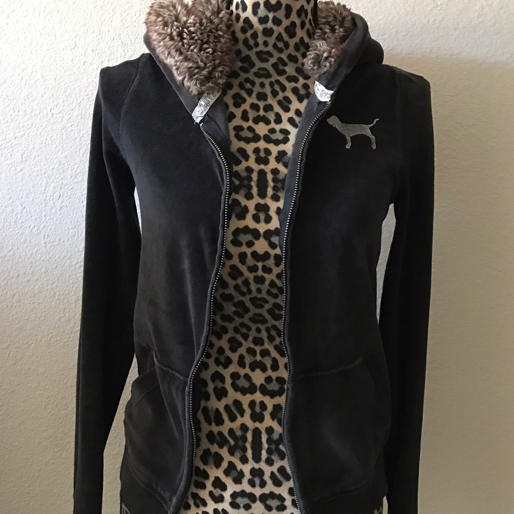 PINK Victoria's Secret Black Faux Fur Lined Zip Hoodie
